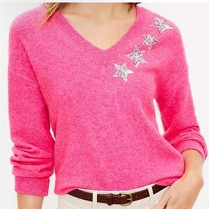 The Loft pink sweater with sequin stars- size L $20